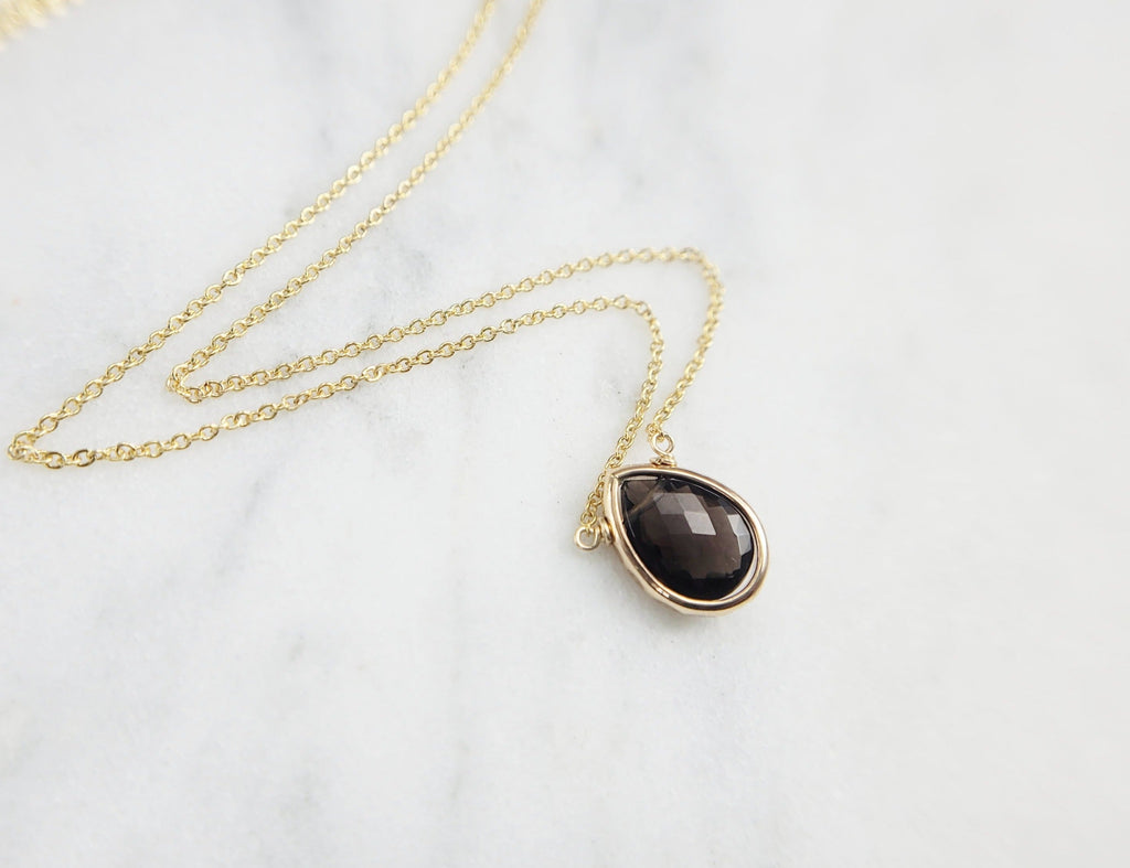 Delicate Smoky Quartz Briolette Pendant Necklace for Women in Sterling Silver or Gold-Filled