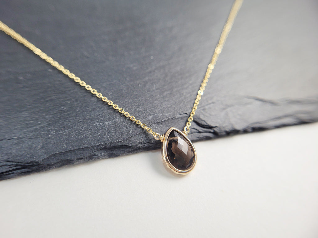 Delicate Smoky Quartz Briolette Pendant Necklace for Women in Sterling Silver or Gold-Filled