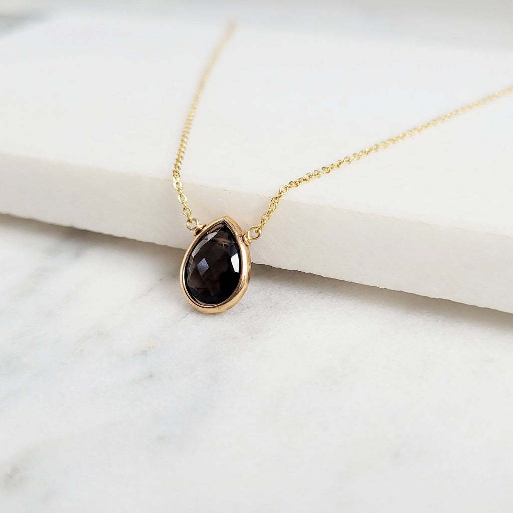Delicate Smoky Quartz Briolette Pendant Necklace for Women in Sterling Silver or Gold-Filled