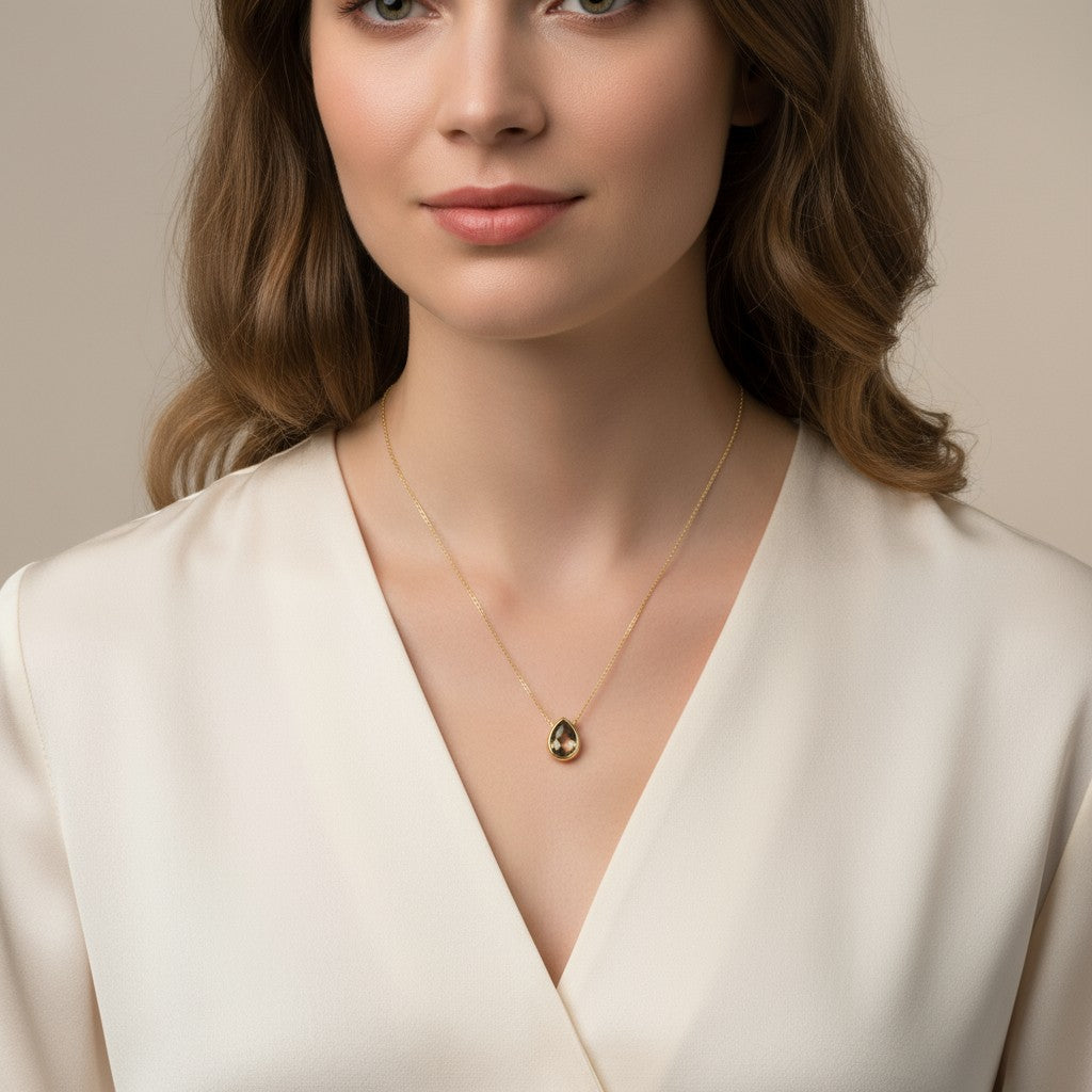 Smoky Quartz Briolette Pendant Necklace – Dainty Teardrop Crystal Jewelry | Minimalist Necklace for Women