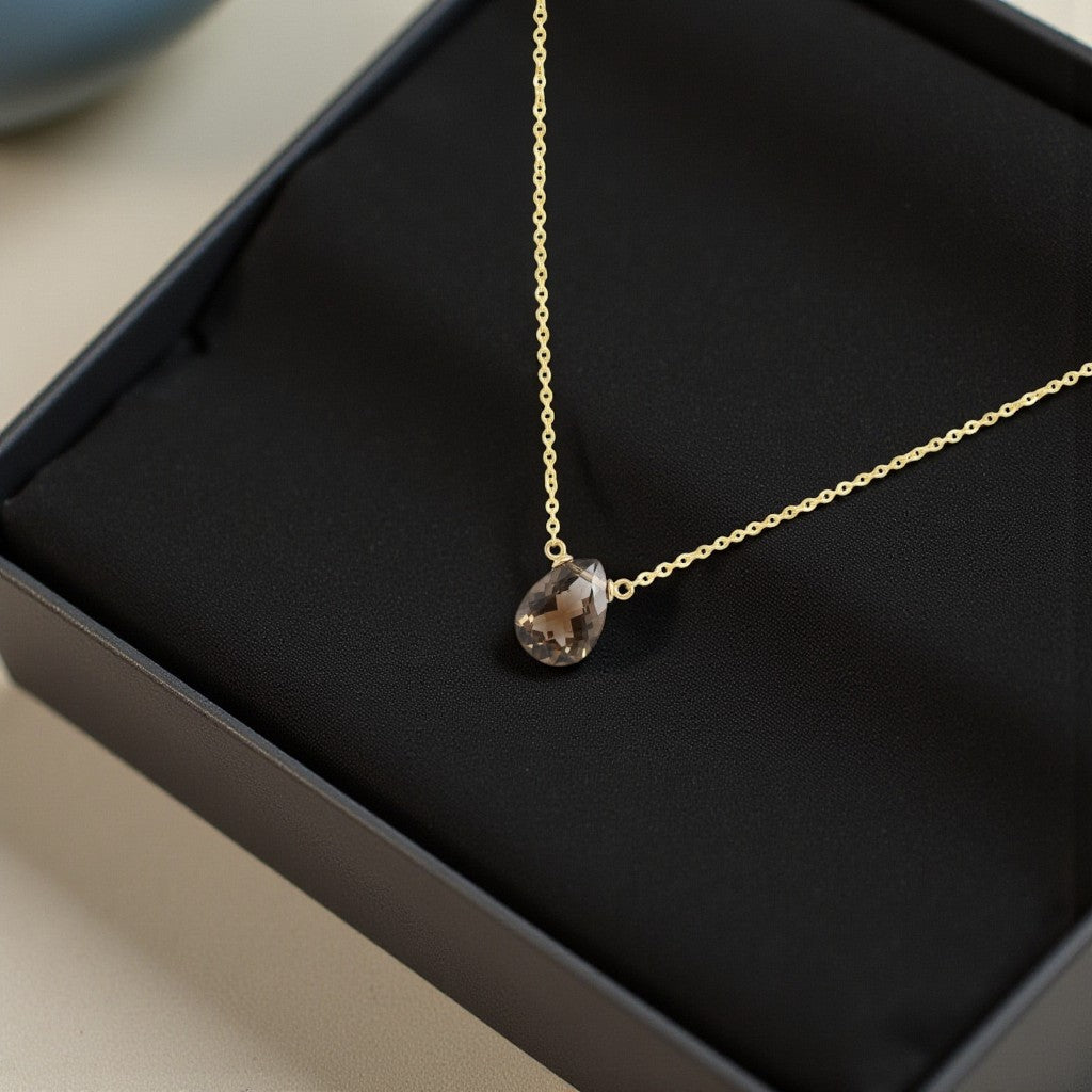 Dainty Smoky Quartz Necklace – Delicate Stone Pendant for Women | Minimalist Healing Crystal Jewelry in Sterling Silver/Gold-Filled