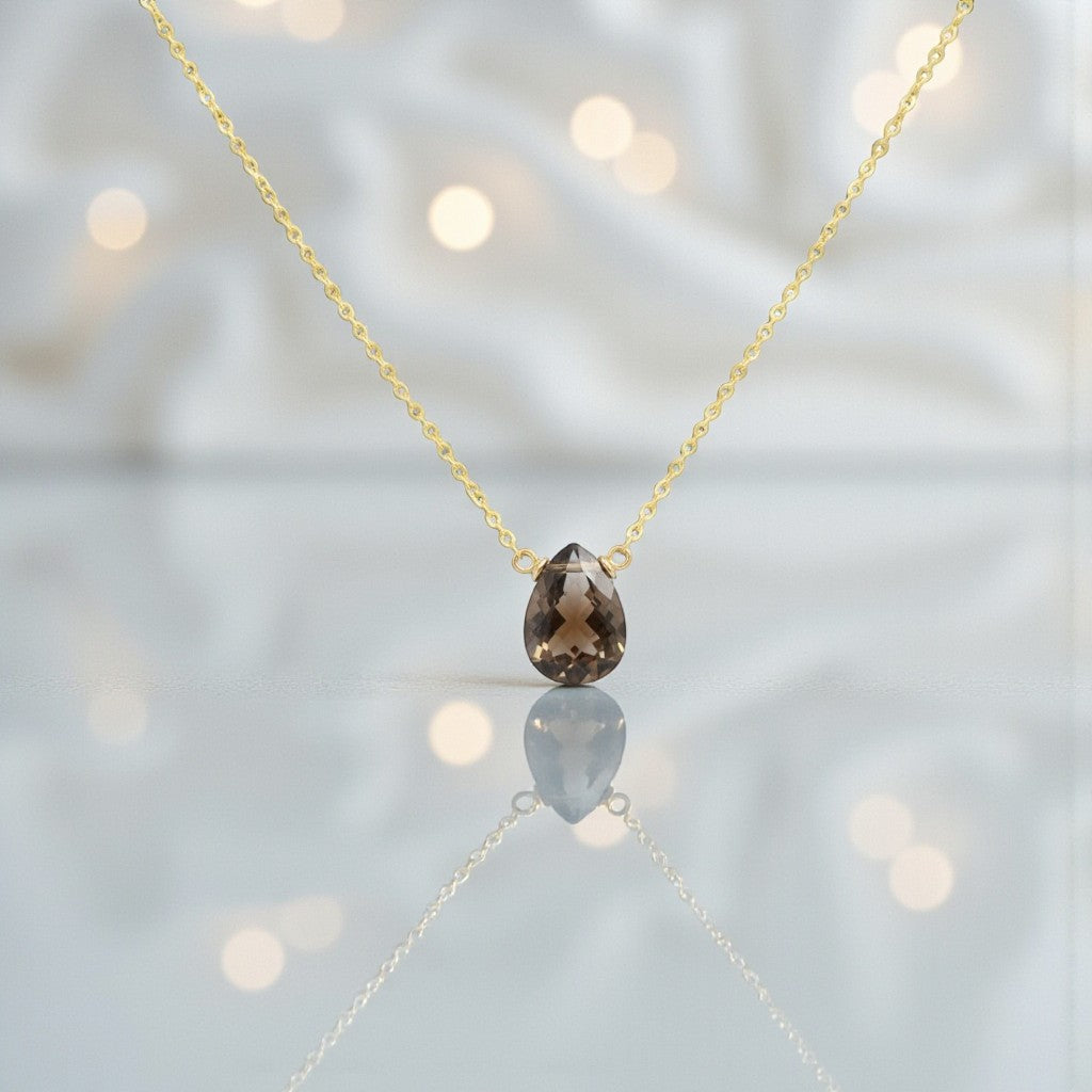 Dainty Smoky Quartz Necklace – Delicate Stone Pendant for Women | Minimalist Healing Crystal Jewelry in Sterling Silver/Gold-Filled