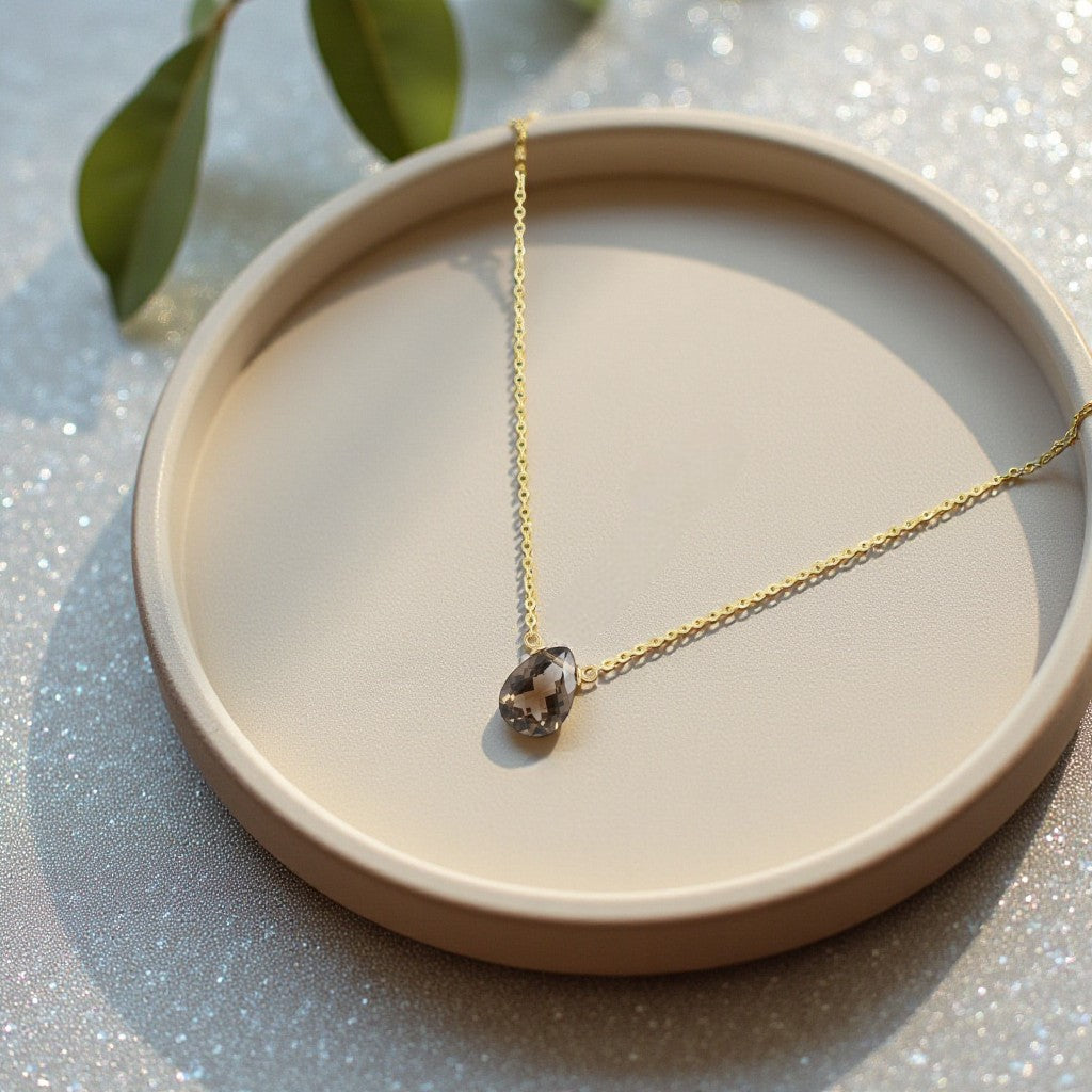 Dainty Smoky Quartz Necklace – Delicate Stone Pendant for Women | Minimalist Healing Crystal Jewelry in Sterling Silver/Gold-Filled