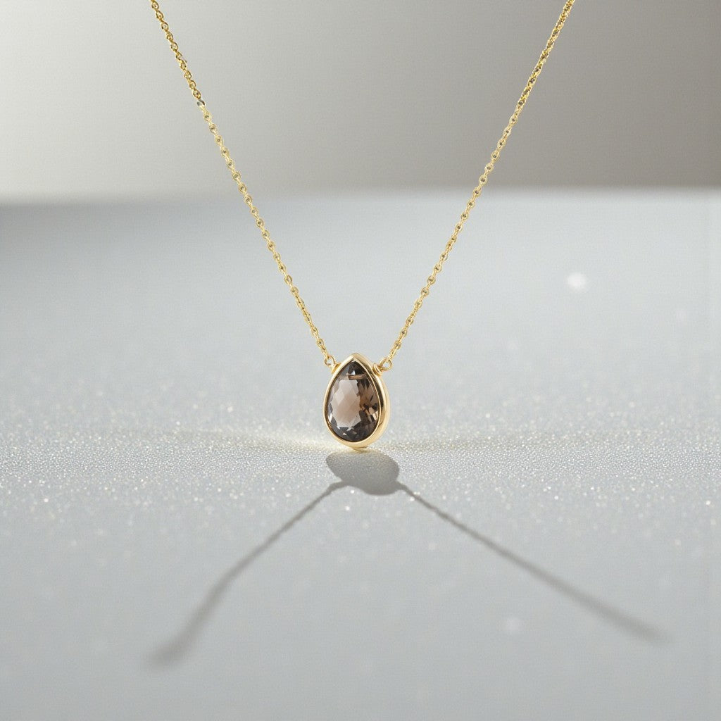 Smoky Quartz Briolette Pendant Necklace – Dainty Teardrop Crystal Jewelry | Minimalist Necklace for Women