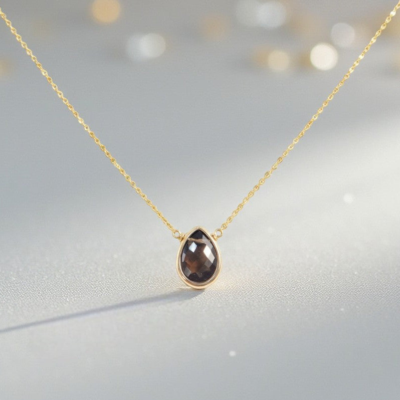 Smoky Quartz Briolette Pendant Necklace – Dainty Teardrop Crystal Jewelry | Minimalist Necklace for Women