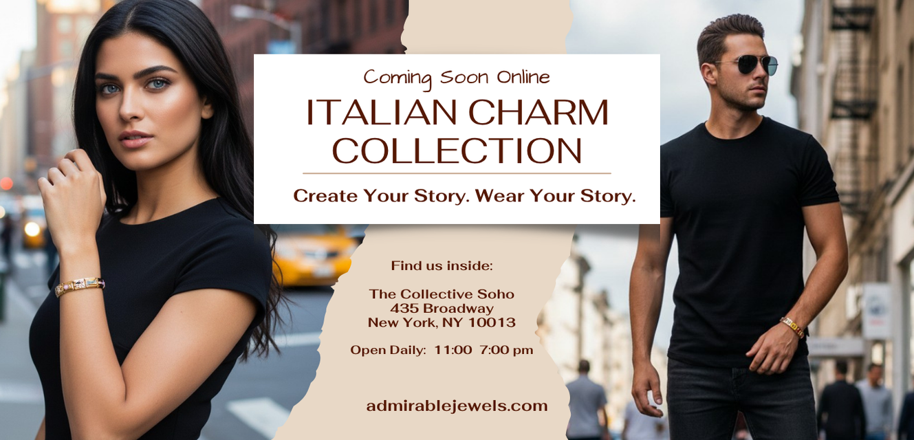 Promotional banner for the 'Italian Charm Collection' featuring a woman on the left in a black top and a man on the right in a black t-shirt and sunglasses, set against a blurred city street background. A central white and beige graphic contains text reading 'Coming Soon Online ITALIAN CHARM COLLECTION' and store details for 'Admirable Jewels'.