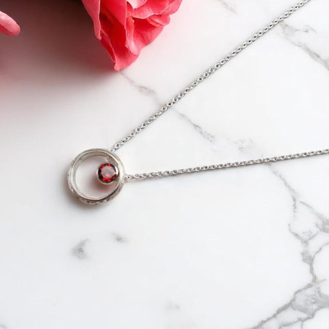 Boho Garnet Necklace – Vintage-Inspired Sterling Silver Hoop with Birthstone – Minimalist Layered Healing Jewelry