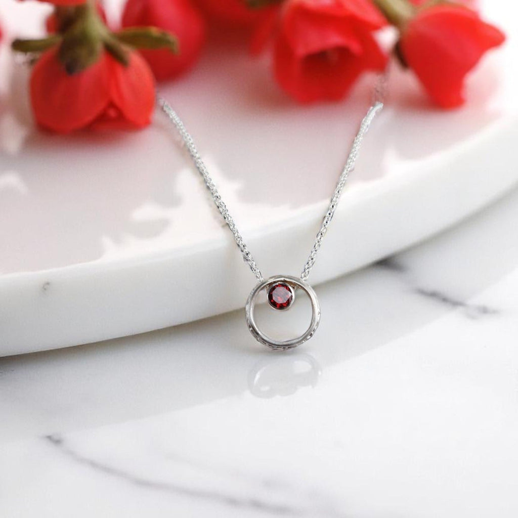 Boho Garnet Necklace – Vintage-Inspired Sterling Silver Hoop with Birthstone – Minimalist Layered Healing Jewelry