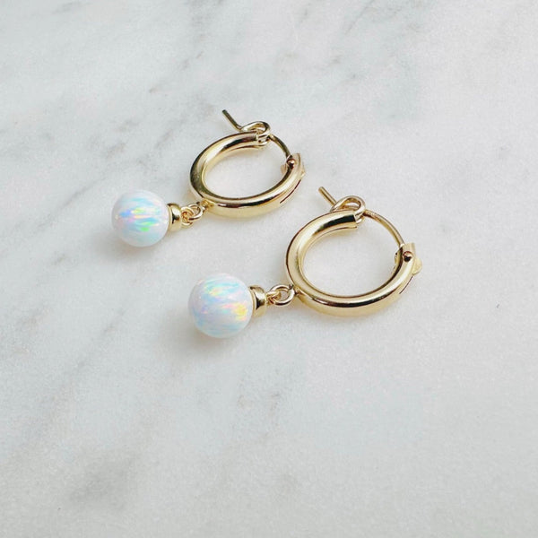 White Opal Hoop Huggie Earrings