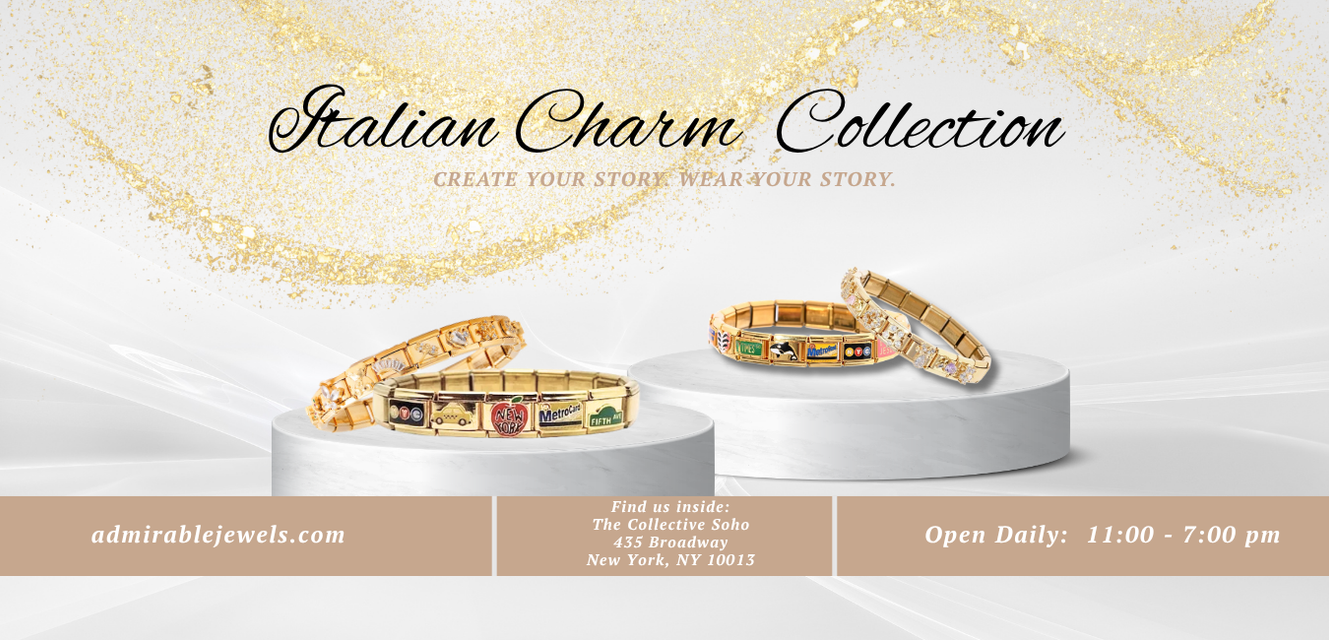 Promotional banner for the 'Italian Charm Collection' showcasing four gold charm bracelets with colorful Italian-themed enamel details (New York, and Cz motifs) displayed on white pedestals. The background is white with gold glitter accents, and the bottom banner contains store contact details.