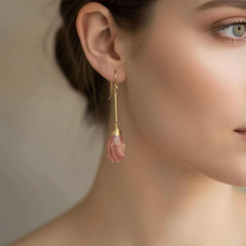 Rhodochrosite Long Dangle Earrings