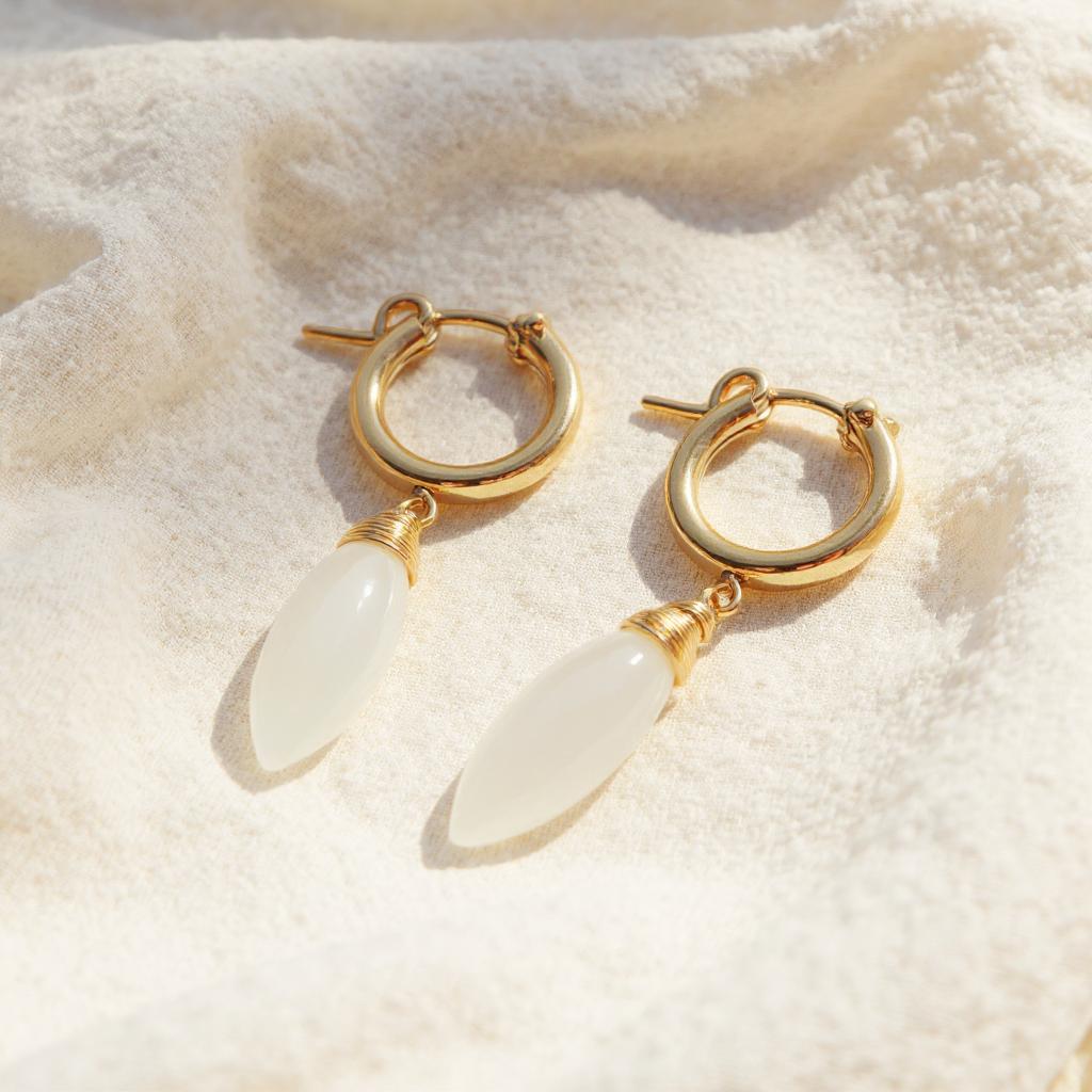 White Moonstone Huggie Hoops – Everyday Elegance – Minimalist Jewelry