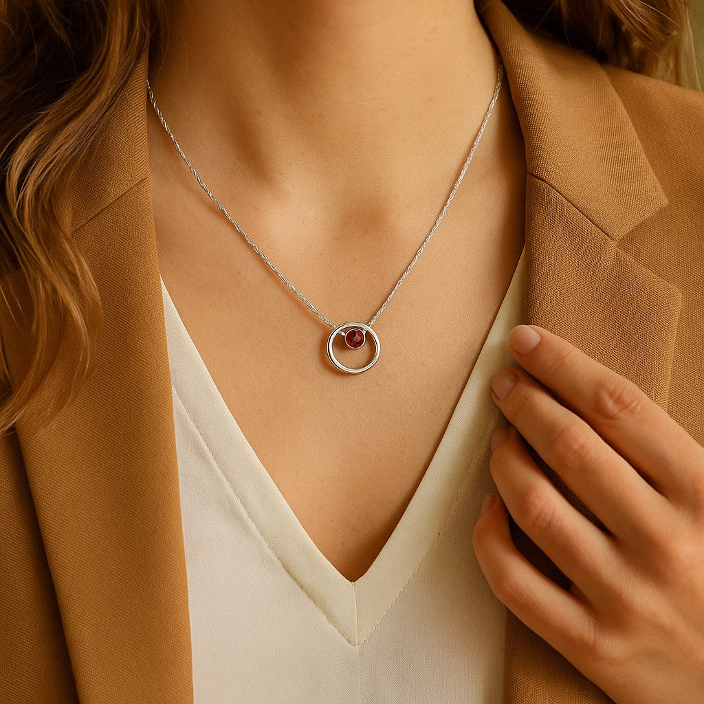 Boho Garnet Necklace – Vintage-Inspired Sterling Silver Hoop with Birthstone – Minimalist Layered Healing Jewelry
