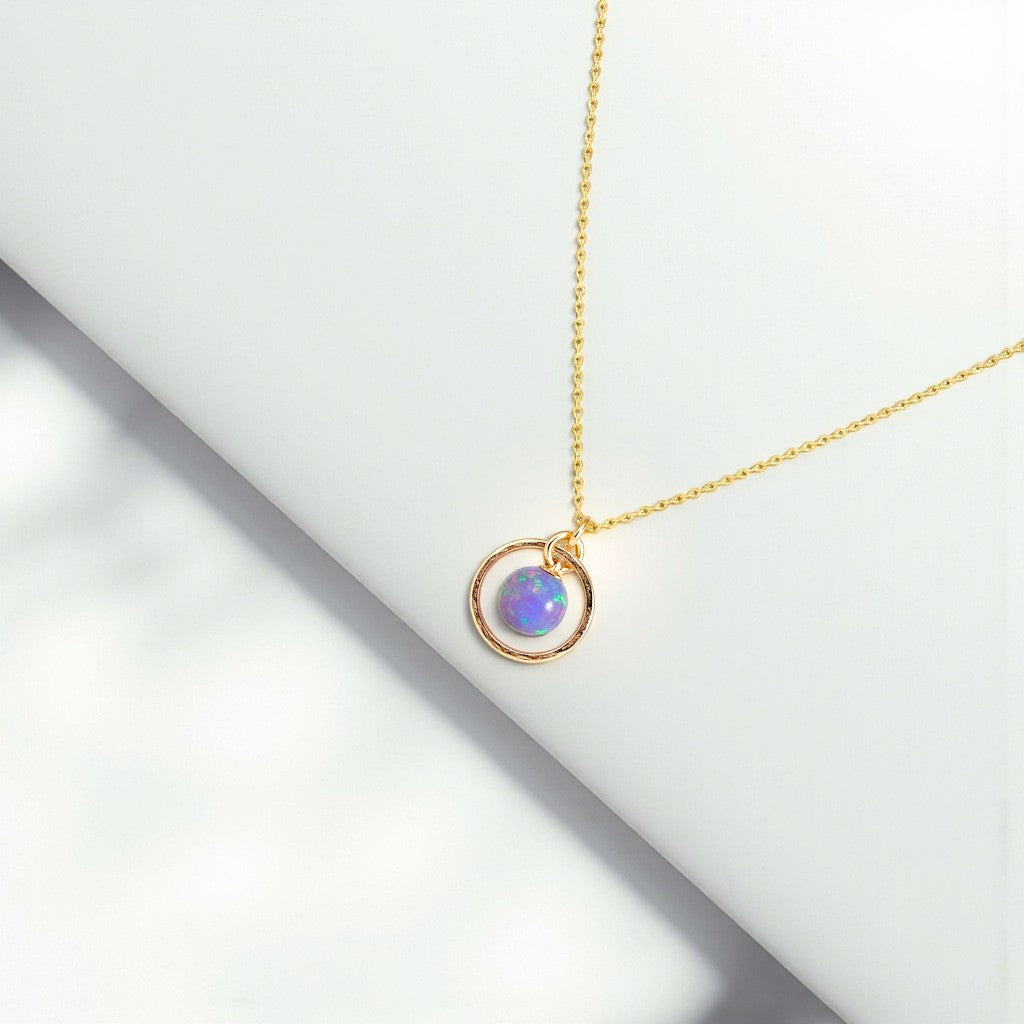 Minimalist Opal Hoop Necklace – Purple Fire Opal Birthstone – Dainty Everyday Jewelry – Anniversary or Birthday Gift