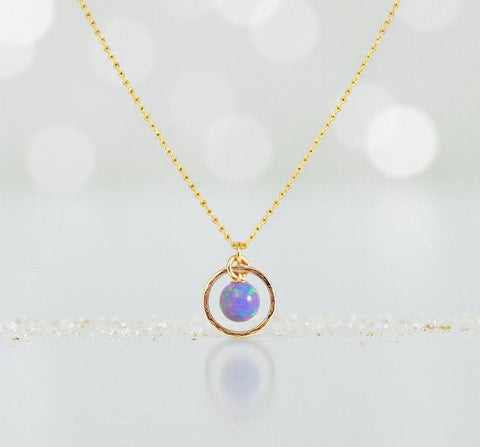 Minimalist Opal Hoop Necklace – Purple Fire Opal Birthstone – Dainty Everyday Jewelry – Anniversary or Birthday Gift