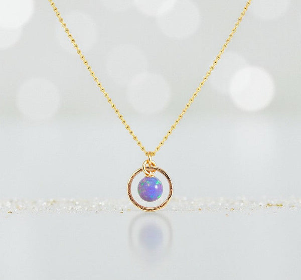 Minimalist Opal Hoop Necklace – Purple Fire Opal Birthstone – Dainty Everyday Jewelry – Anniversary or Birthday Gift