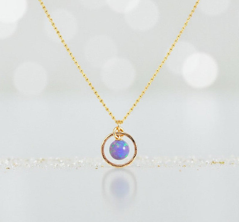 Minimalist Opal Hoop Necklace – Purple Fire Opal Birthstone – Dainty Everyday Jewelry – Anniversary or Birthday Gift