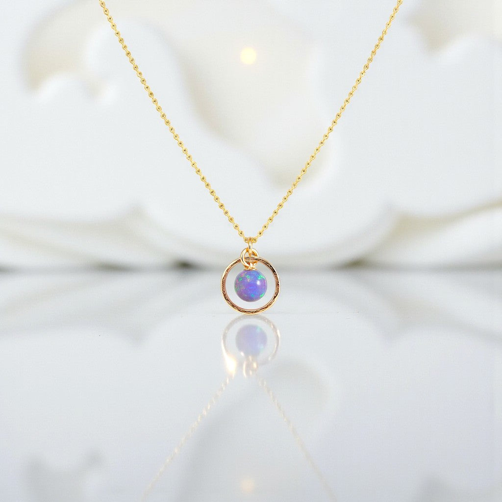 Minimalist Opal Hoop Necklace – Purple Fire Opal Birthstone – Dainty Everyday Jewelry – Anniversary or Birthday Gift