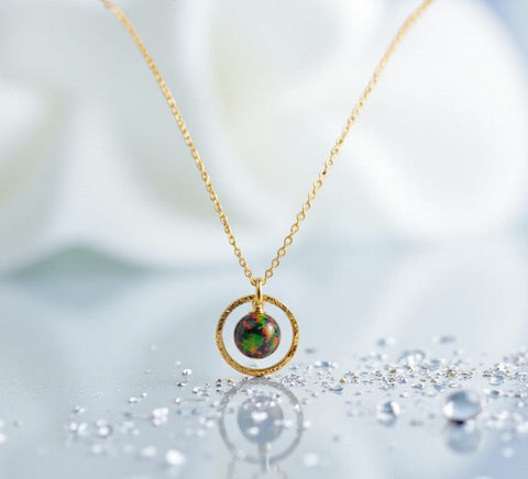 Minimalist Opal Hoop Necklace – Black Fire Opal Birthstone – Dainty Everyday Jewelry – Anniversary or Birthday Gift (Copy)
