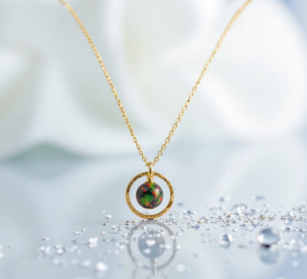 Minimalist Opal Hoop Necklace – Black Fire Opal Birthstone – Dainty Everyday Jewelry – Anniversary or Birthday Gift (Copy)