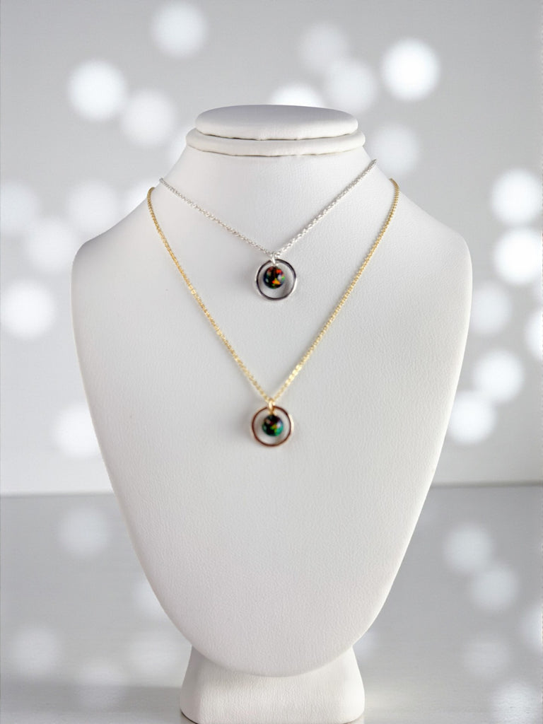 Minimalist Opal Hoop Necklace – Black Fire Opal Birthstone – Dainty Everyday Jewelry – Anniversary or Birthday Gift (Copy)