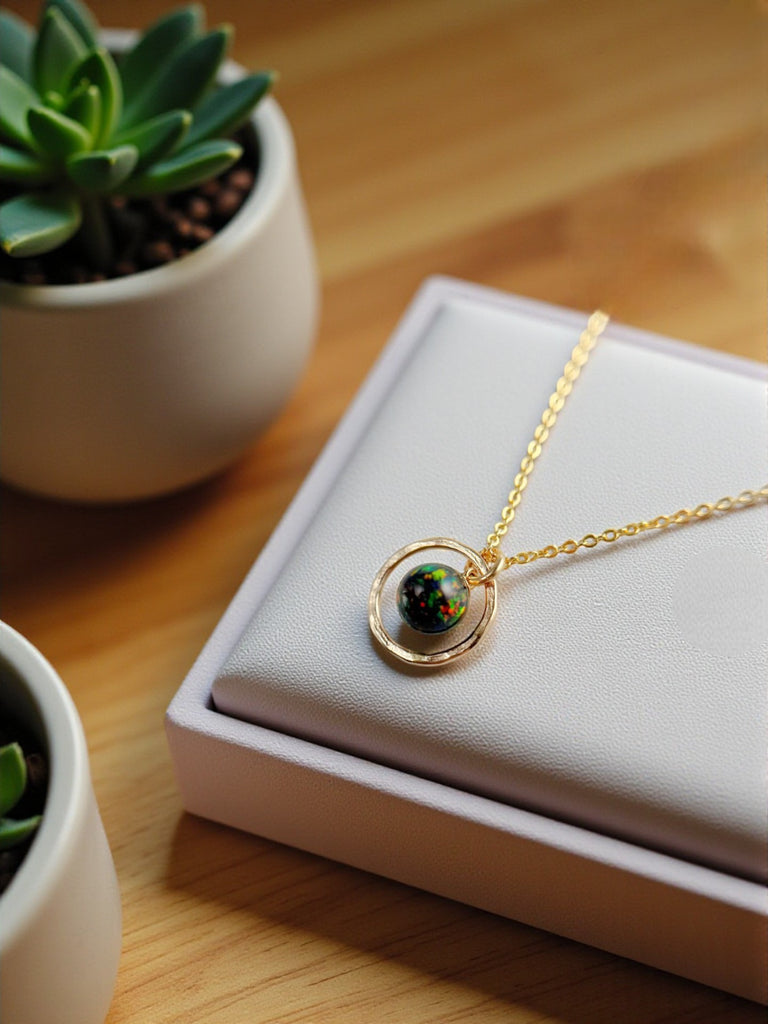 Minimalist Opal Hoop Necklace – Black Fire Opal Birthstone – Dainty Everyday Jewelry – Anniversary or Birthday Gift (Copy)