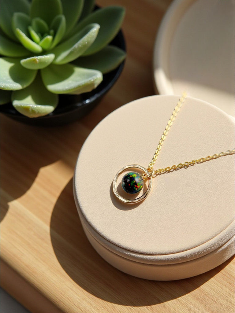 Minimalist Opal Hoop Necklace – Black Fire Opal Birthstone – Dainty Everyday Jewelry – Anniversary or Birthday Gift (Copy)