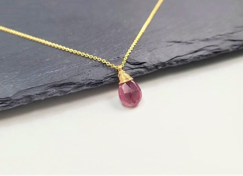 Ruby Pear Wrapped Briolette Necklace