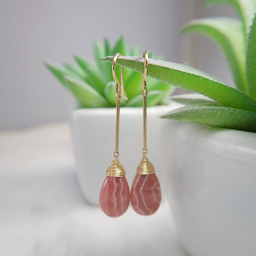 Rhodochrosite Long Dangle Earrings