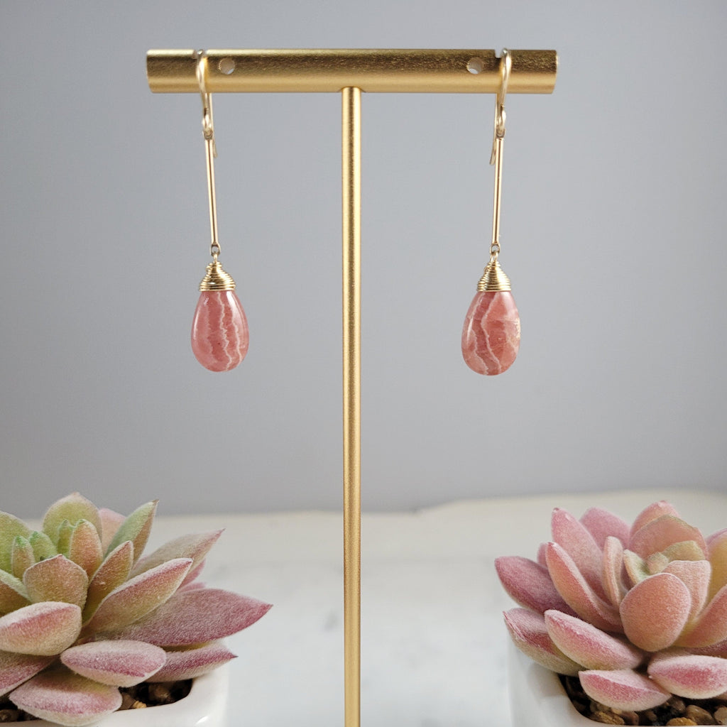 Rhodochrosite Long Dangle Earrings