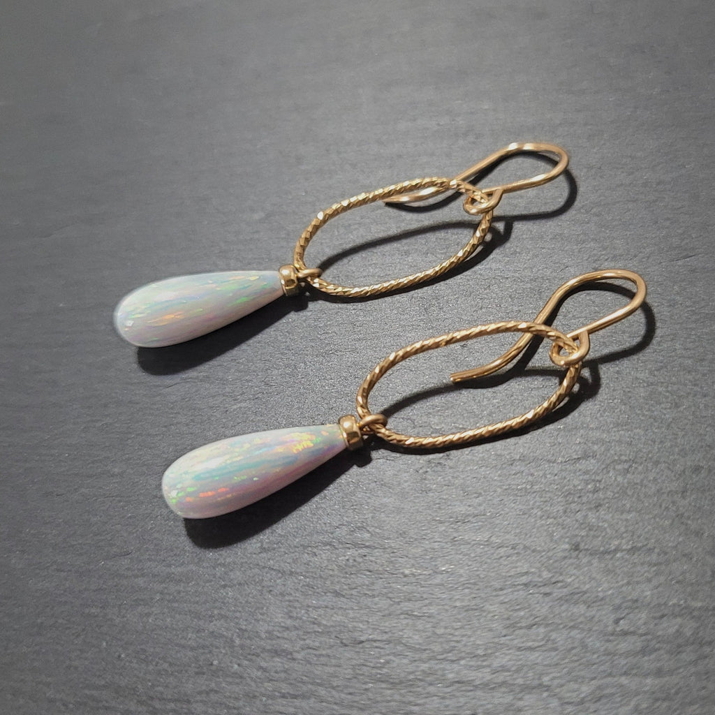 Long White Opal Oval Dangle Earrings
