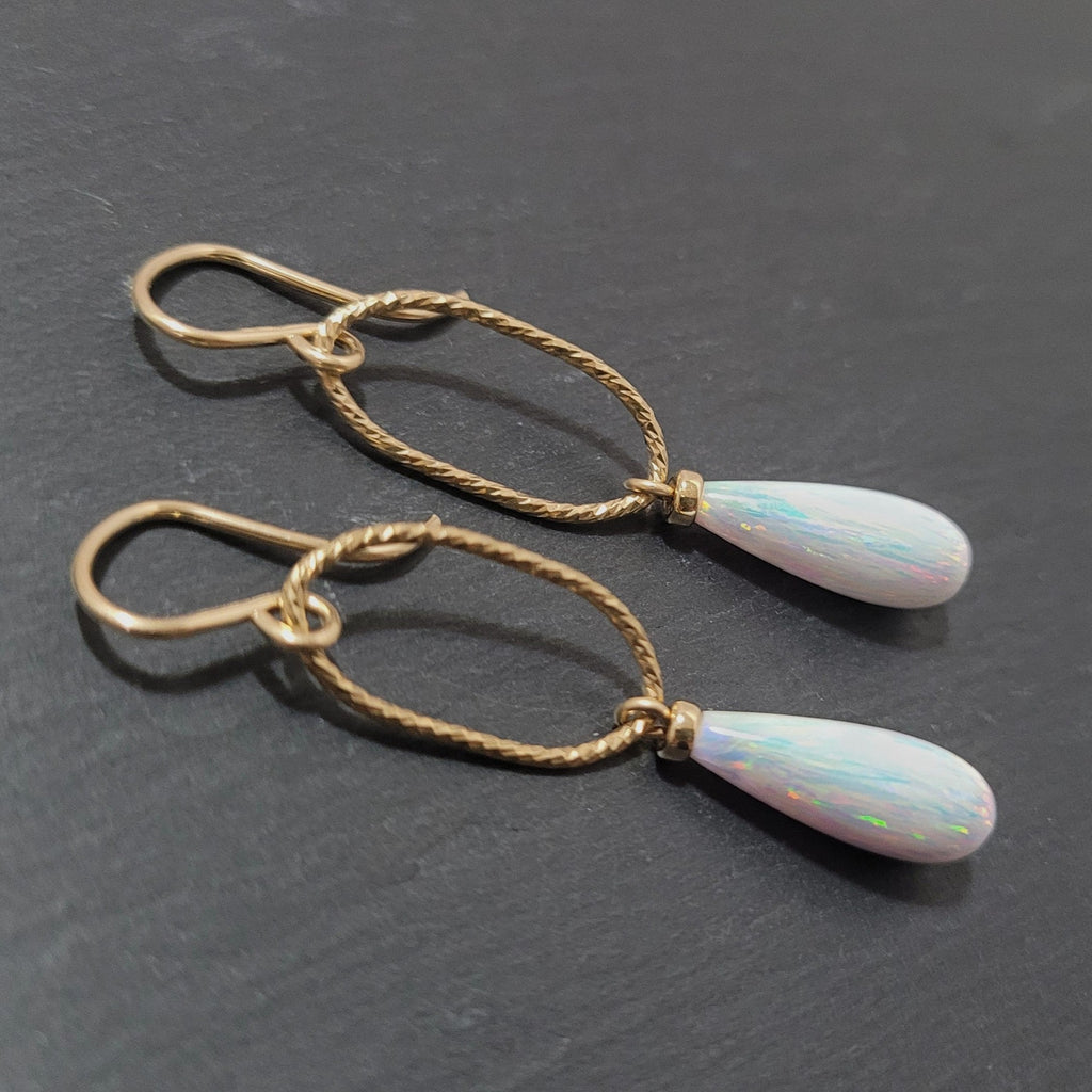 Long White Opal Oval Dangle Earrings