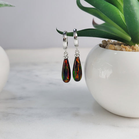 Black Opal Hoop Huggie Earrings
