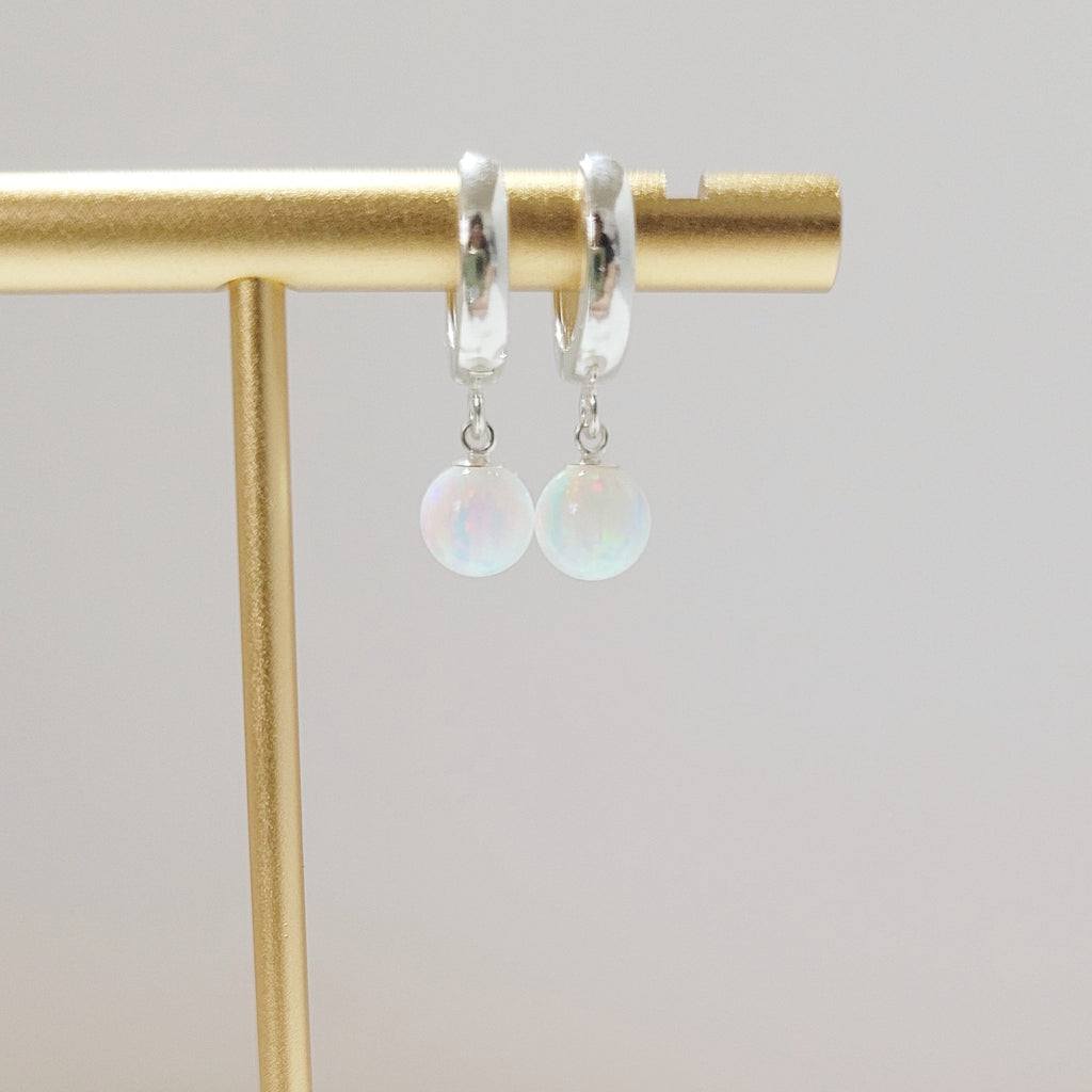 White Opal Ball Hoop Huggie Earrings