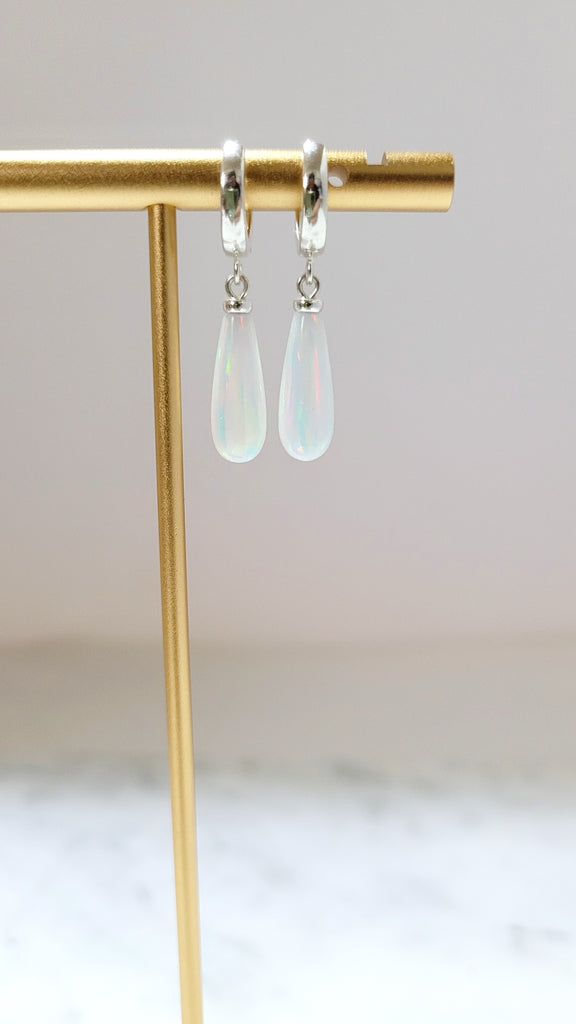 White Opal Hoop Huggie Earrings