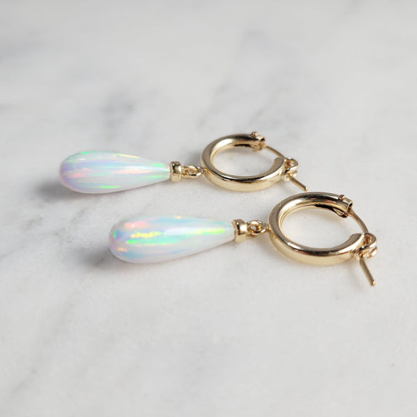 Dainty White Opal Hoop Huggie Earrings