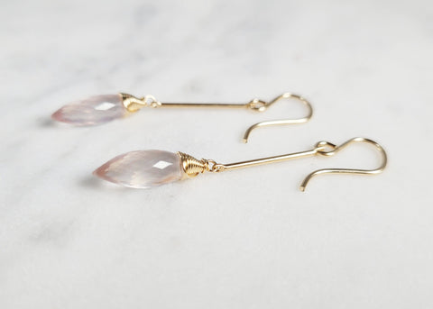 Long rose quartz dangle earrings, Gold-Filled or Sterling Silver – pink stone gold boho jewelry