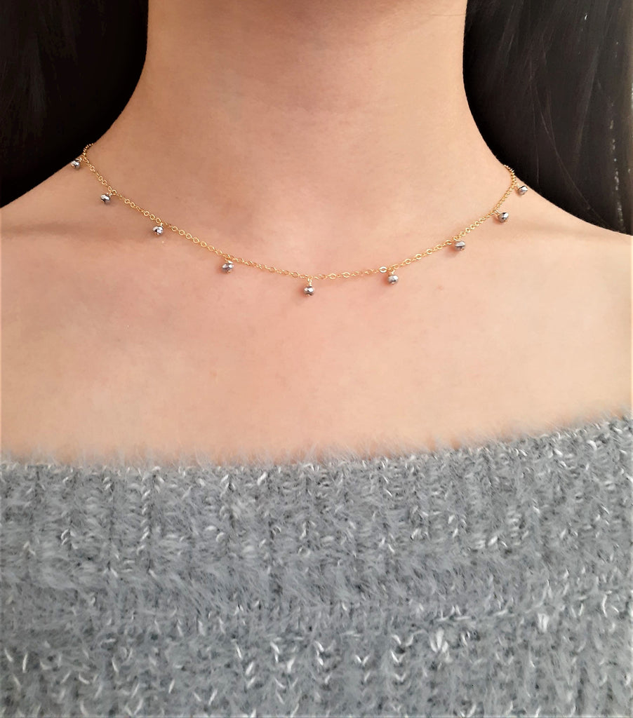 Silver Pyrite Drop Choker Necklace - Two Toned Necklace