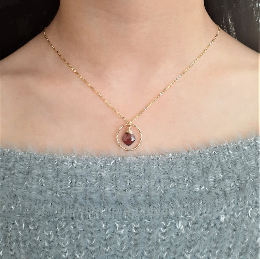 Garnet Hoop Pendant Necklace