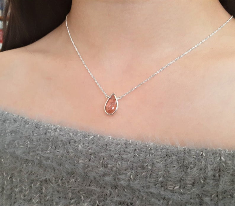 Sterling Silver Sunstone Pear Briolette Pendant Necklace
