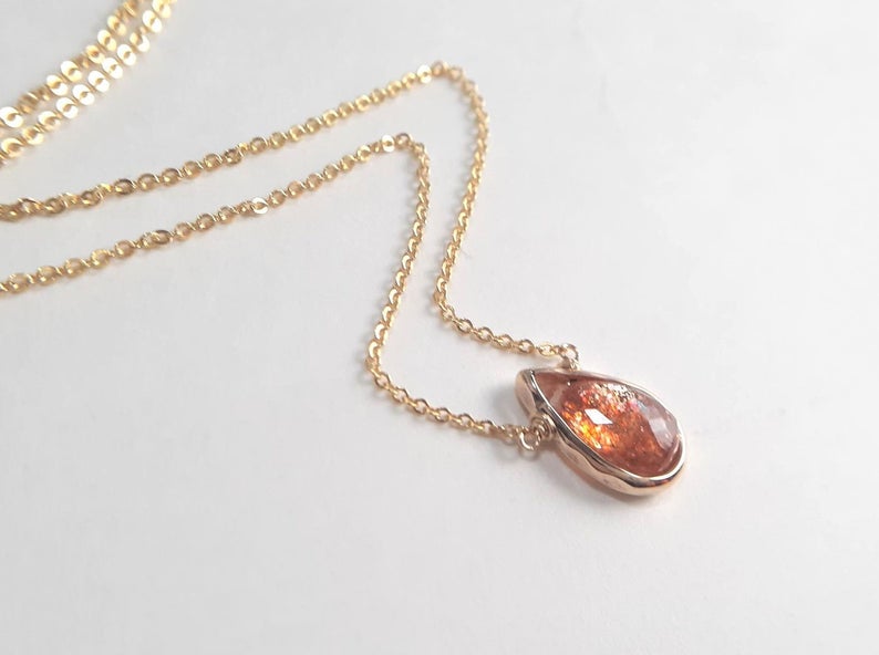 Gold Sunstone Pear Briolette Pendant Necklace