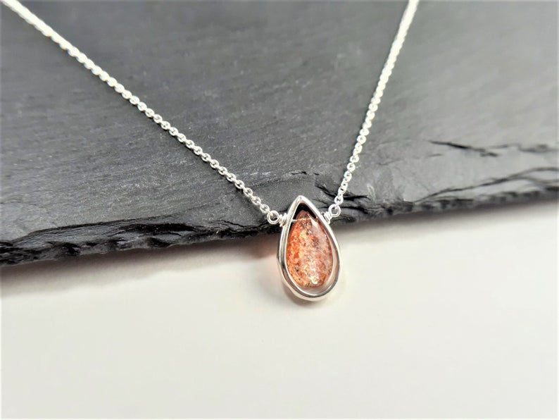 Sterling Silver Sunstone Pear Briolette Pendant Necklace