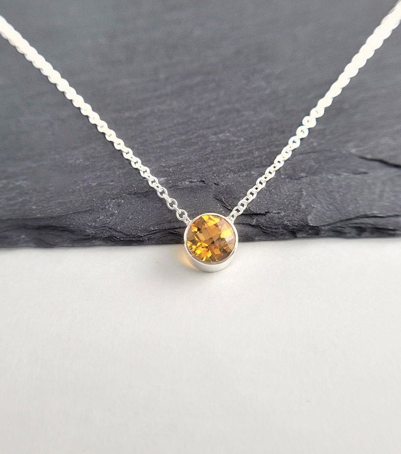 Citrine Pendant Necklace with Tiny White Diamonds in Gold - Tales In Gold